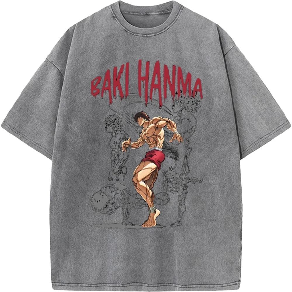 Anime Baki Hanma Baki Cool Printed Tshirt Men Manga Vintage T-shirts Washed Cotton Tee Harajuku Male Casual Oversized T Shirt