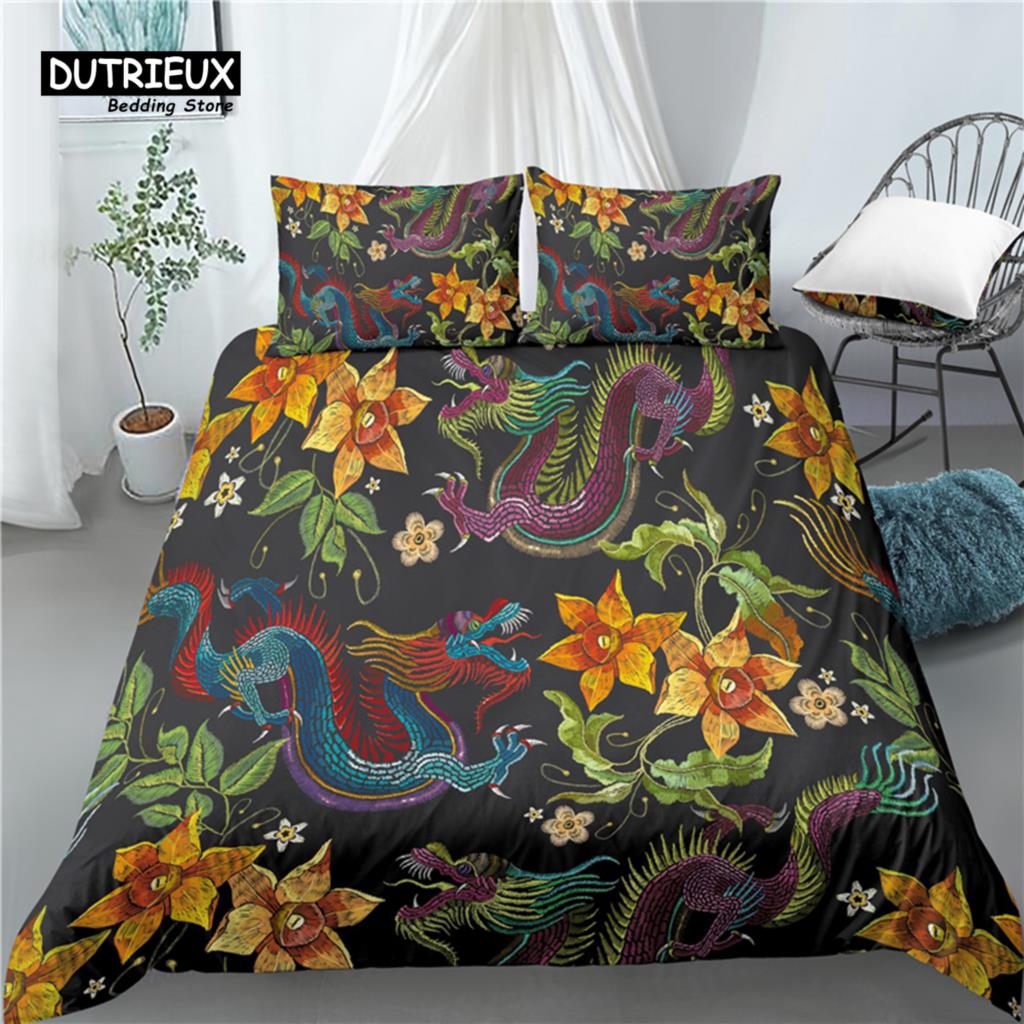 Home Living Luxury 3D Flower Dragon Print 2/3Pcs Comfortable Duvet Cover PillowCase Bedding Sets Queen and King AU/EU/US Size