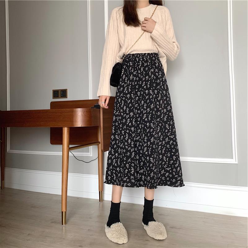Floral A Line Midi Skirt With Splicing Polyester Fabric For Casual And Office Wear