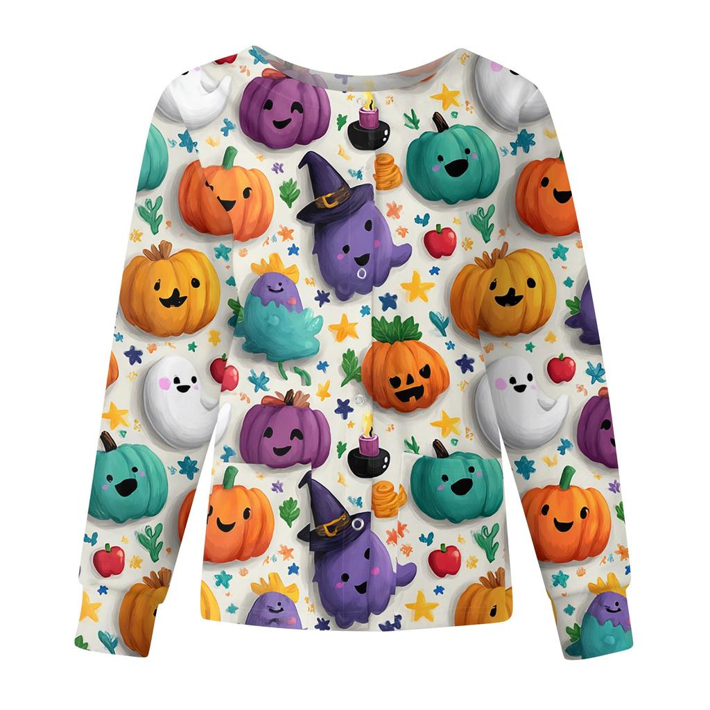 Women's Casual Fashion Long Sleeve Standing Collar Single Breasted Halloween Printed Workwear Jacket Tops