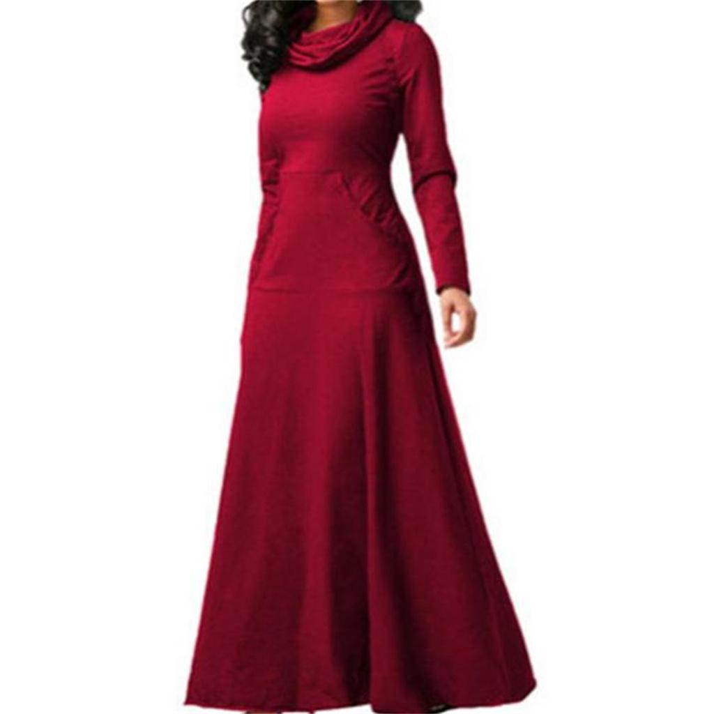 Ladies Style Autumn and Winter Solid Color Stitching Pocket Bib and Big Swing Long Dress EMA