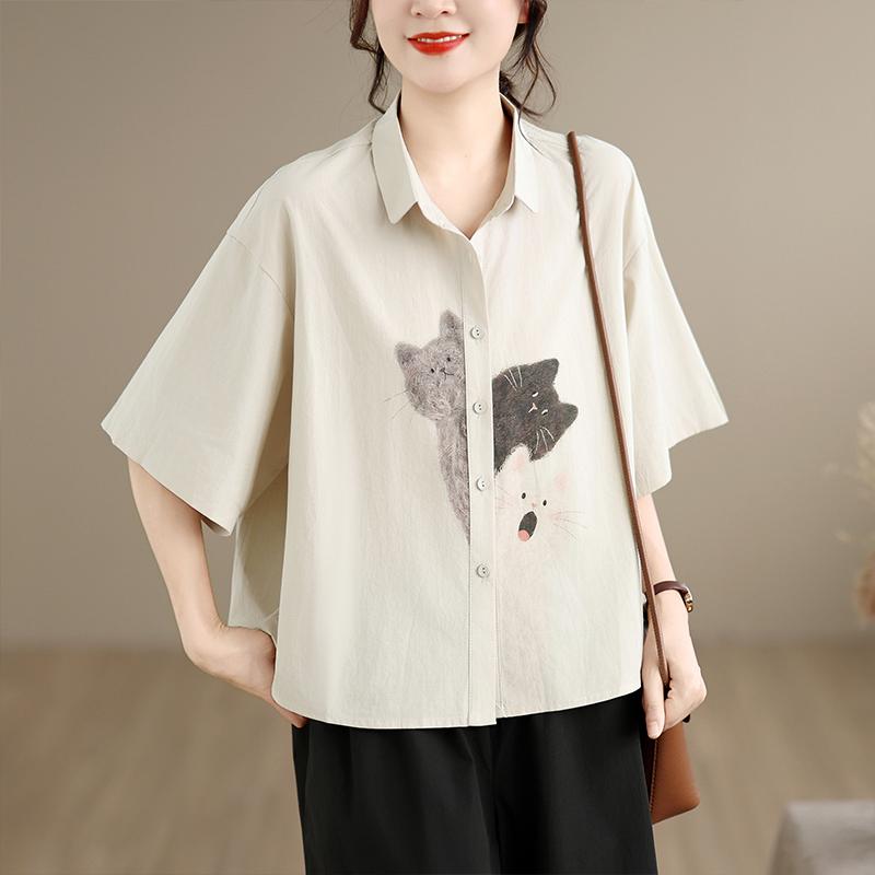 DIMANAF 2026 Women Plus Size New Summer Blouse Shirt Short Sleeve Cotton Print Casual Loose Lady Tops Shirts