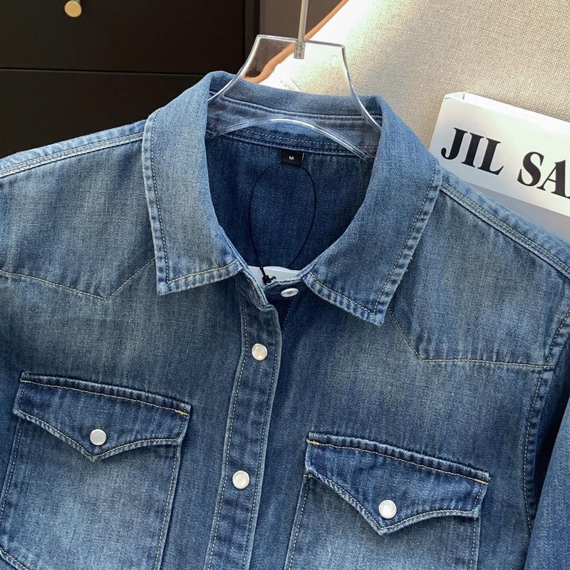 Women's Distressed Washed Denim Shirt - Long Sleeve, Versatile Base Layer for Spring