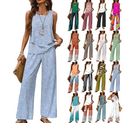 Women's Two-piece Summer Loose Sleeveless Double-layer Vest Top, Casual Pants Vacation Set
