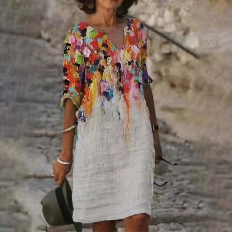 Women's V-Neck Printed Midi Dress Loose 3/4 Sleeve Casual Summer Dress