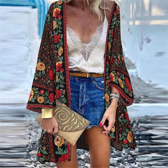 Women Cardigan Floral Print Batwing Sleeve Summer Bohemian Sun Protection Long Blouse for Daily Wear