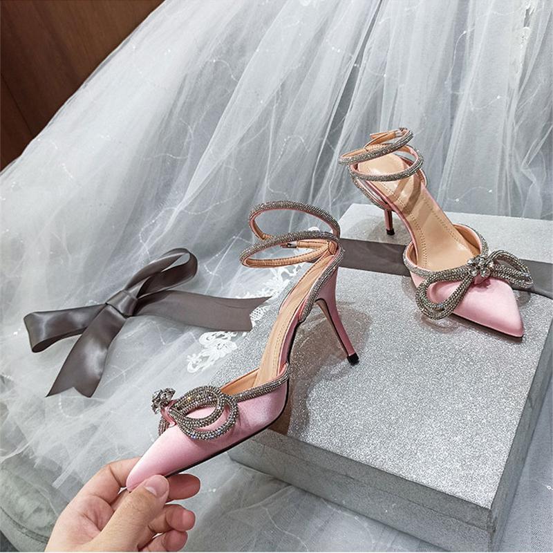 Aneikeh 41 42 PVC Stil Glitter Strass Frauen Pumpen Kristall Bowknot Satin Dame Seide High Heels Party Schuhe 2023 Frühling NEUE