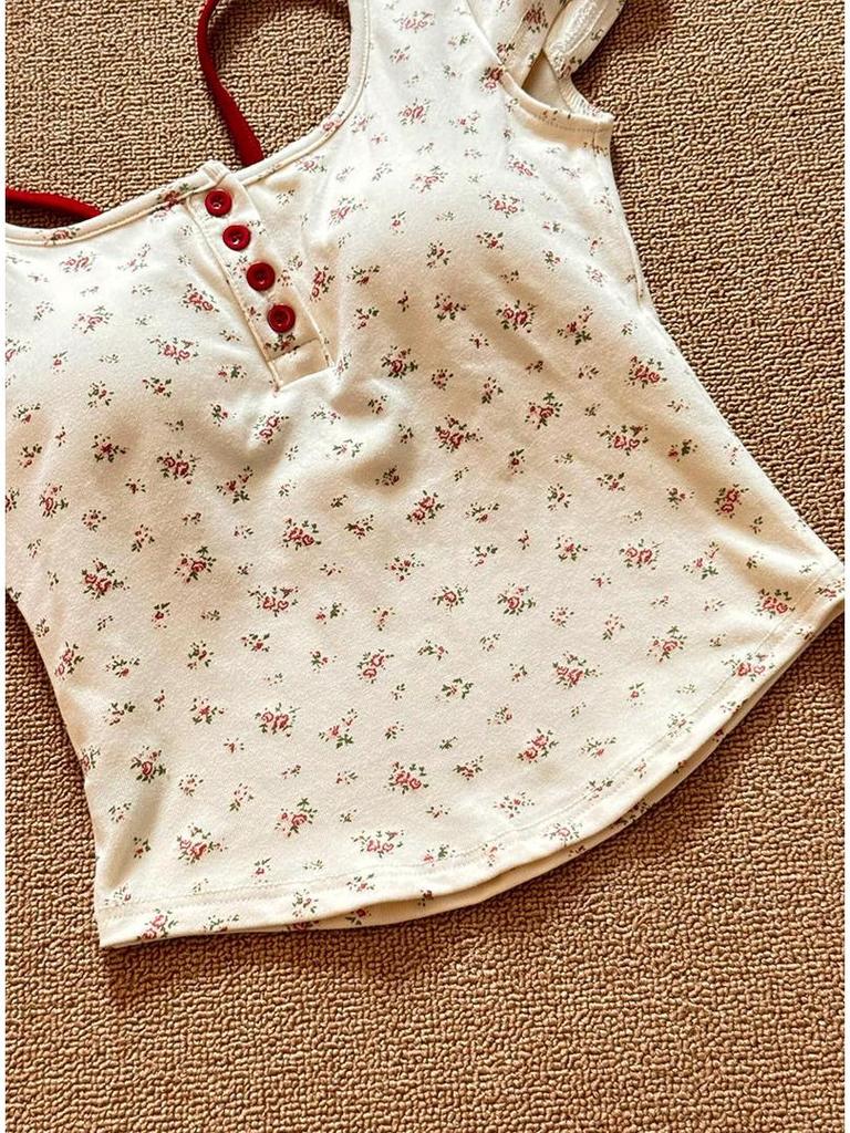 Women's Spicy Girl Two-Piece Floral Camisole T-Shirt with Bra Pads - Slimming Summer Short-Sleeve Top
