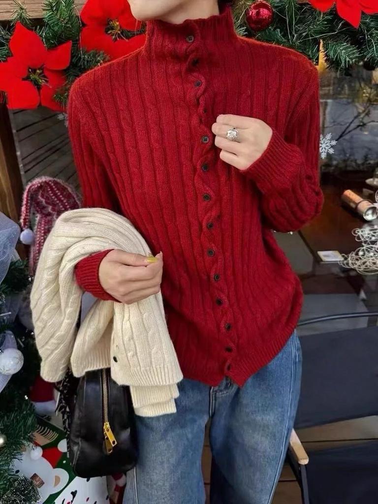 Button-Up Cable Knit Half-High Collar Sweater Cardigan