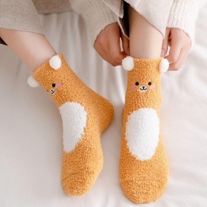 Coral fleece socks women's autumn and winter thickened warm cute sleep home floor confinement plush fluffy tube socks