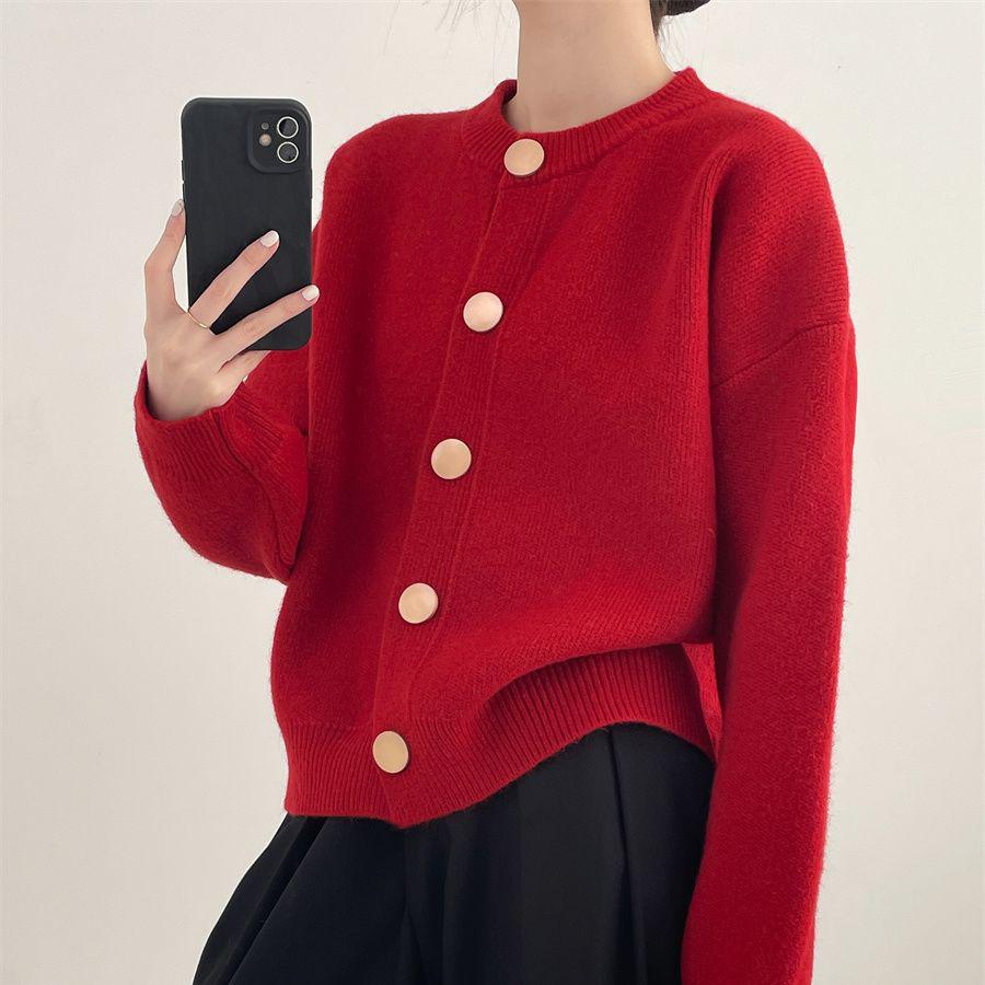 Thick Knit Single-Breasted Solid Color Cardigan - Loose Fit, Round Neck