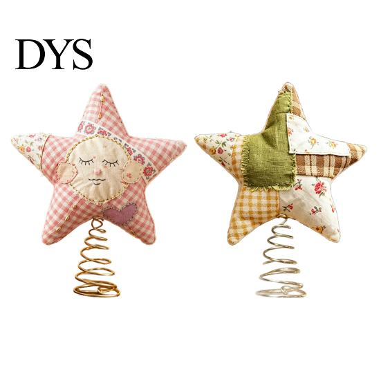 Plush Star Decor Christmas Tree Topper, Patchwork Stuffed Xmas Retro Pastoral Ornament for Winter Holiday Party Home Handmade Cloth Topper