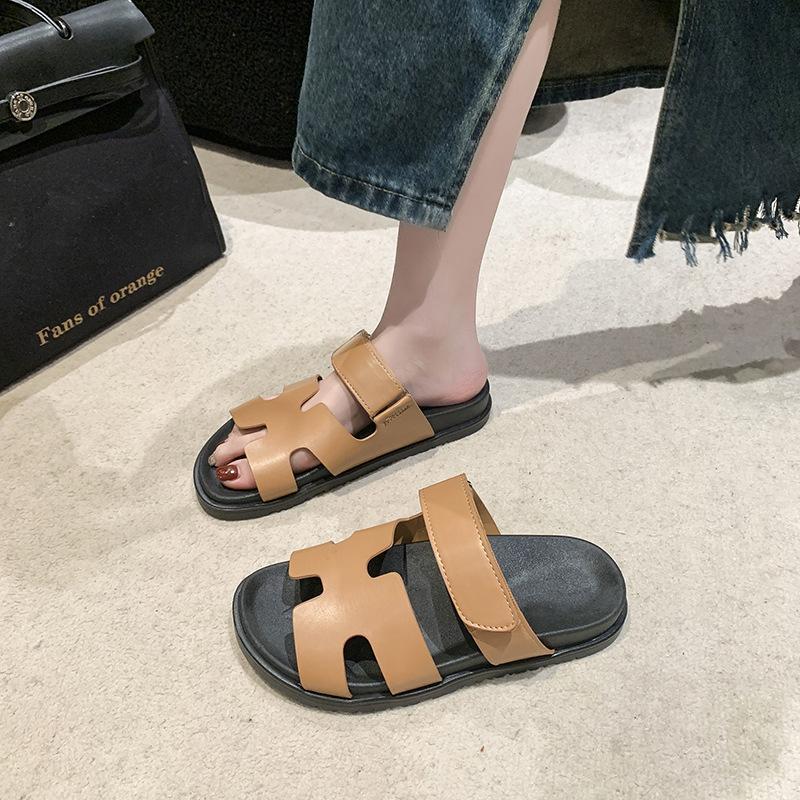 Classic large size slippers women's one-word color matching casual versatile thick-bottomed Velcro fashion beach cool slippers