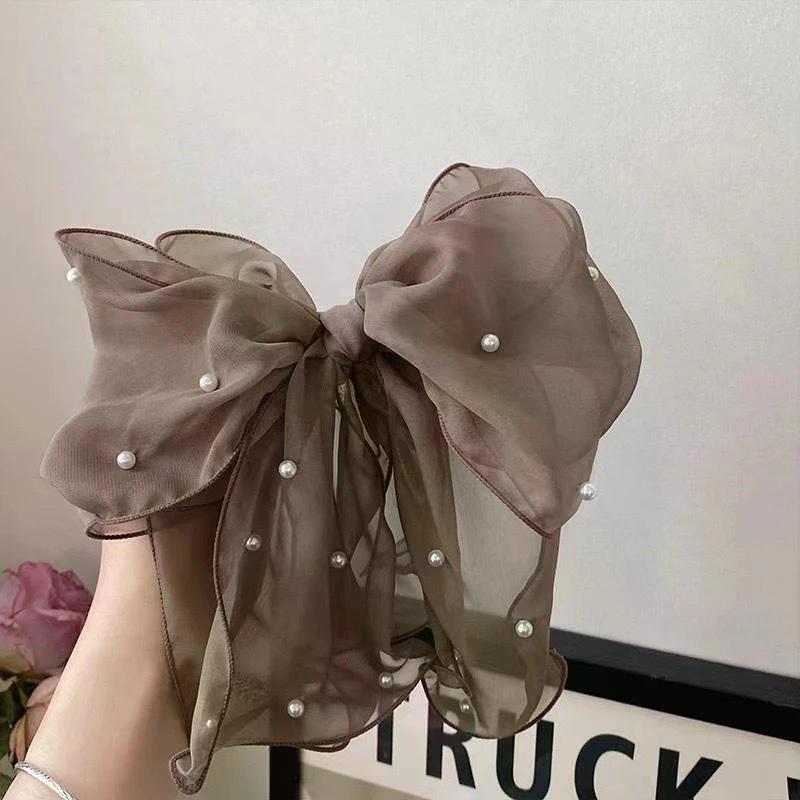 Fashion Ribbon Pearl Bow Hair Clips For Women Elegant Chiffon Bowknot Ponytail Clip Pin Bows Barrette Sweet Headwear Accessories