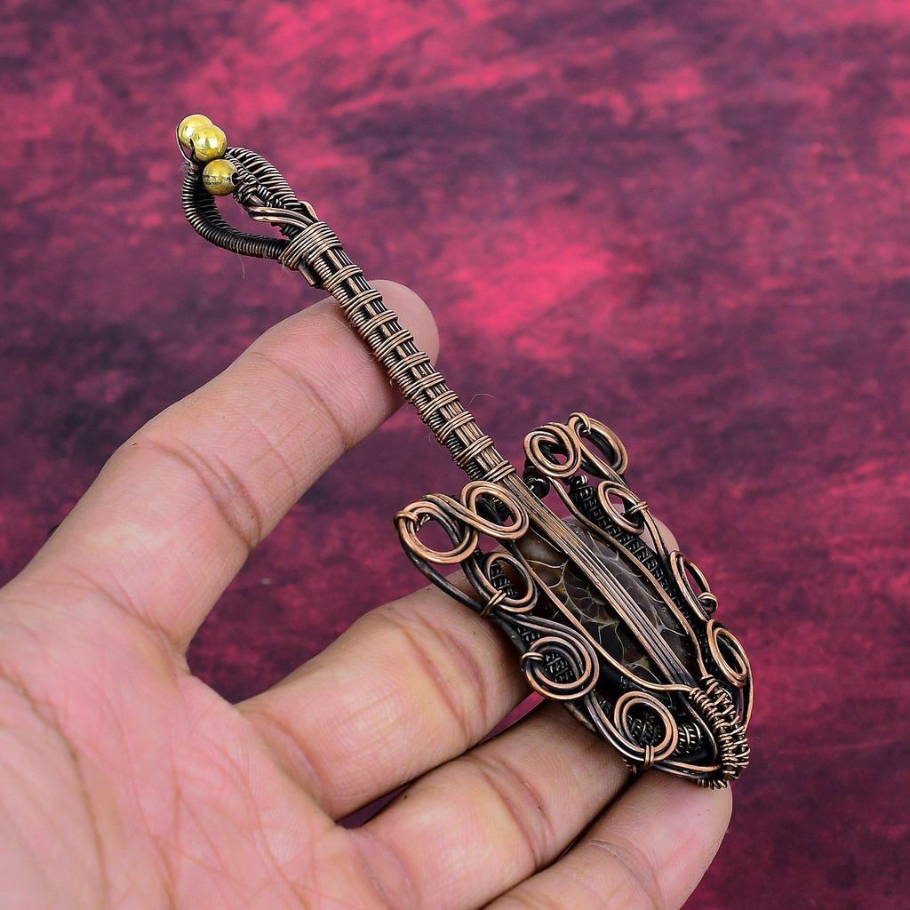 Ammonite Fossil Real Gemstone Pendant Copper Wire Wrapped Pendant Guitar Jewelry