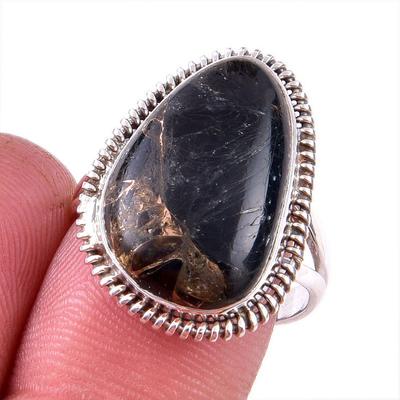 Natürlicher Schwarz-Kupfer-Türkis Edelstein 925 Massiv Sterlingsilber Ring Gr. 8 w0z89