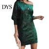 Celebrity Dress Women Evening Slant Neck One Sloping Shoulder Long Sleeves Sequin Decoration Mini Loose Solid Color Prom Party Spring