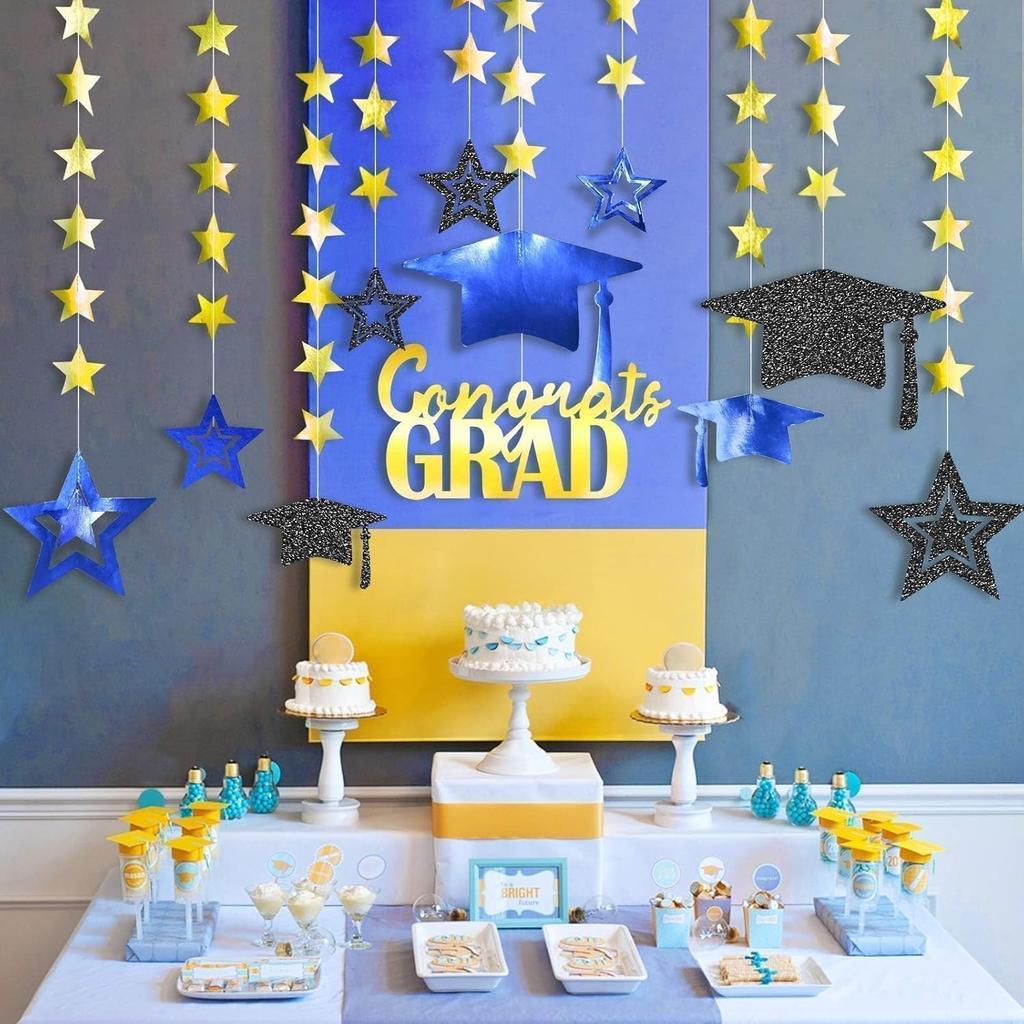 Cheerland Winter Graduation Party Decorations Blue and Gold Hanging Photo Backdrop Kit Congrats Grad Giltter 2025 Hanging Wall Banner University High