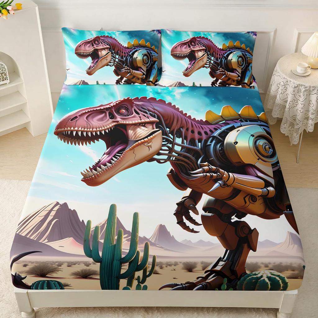 Cute Dinosaur Bedding Set 2pcs Single Size Fitted Sheet with Pillowcase for Kids Boys Teens Cartoon Animal Design