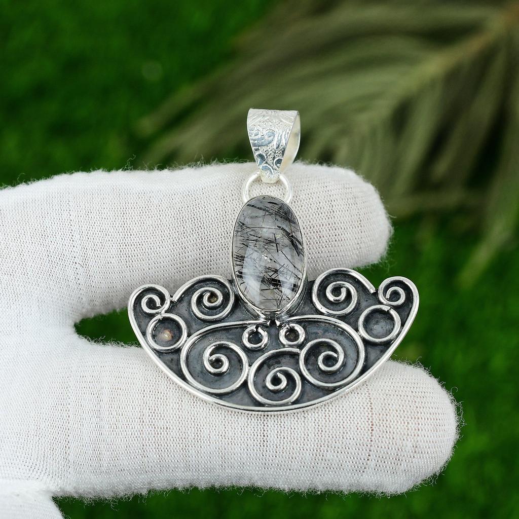 Black Rutile Stone Unique Anniversary Wedding Pendant Jewelry Sterling Silver
