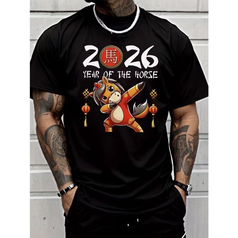 

European sizes Men s Short-Sleeve Fashionable Casual Trendy Printed T-Shirt, 2026 Year of the Horse Zodiac Dancing Horse Pattern, 4XL чорний