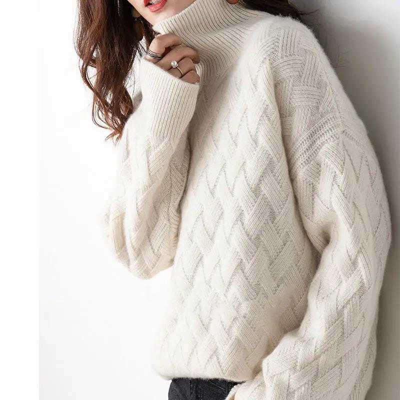 Women Casual Chic Loose Cashmere Sweater Autumn Winter Oversize Thick Long Sleeve Turtleneck Warm Knit Pullovers