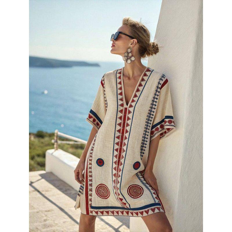 New Amazon Women's Clothing Super Fairy V-Neck Dress Seaside Vacation Beach Dress Printed Loose Mid-Length Dress