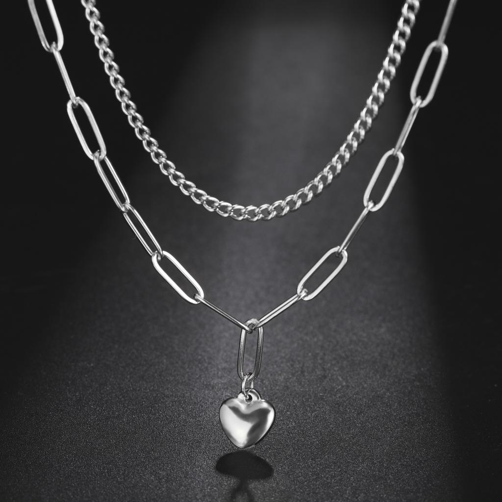 Teamer Classic Sweet Heart Pendant Necklace for Women Stainless Steel Double-layer Chain Choker Jewelry Valentine's Day Gift