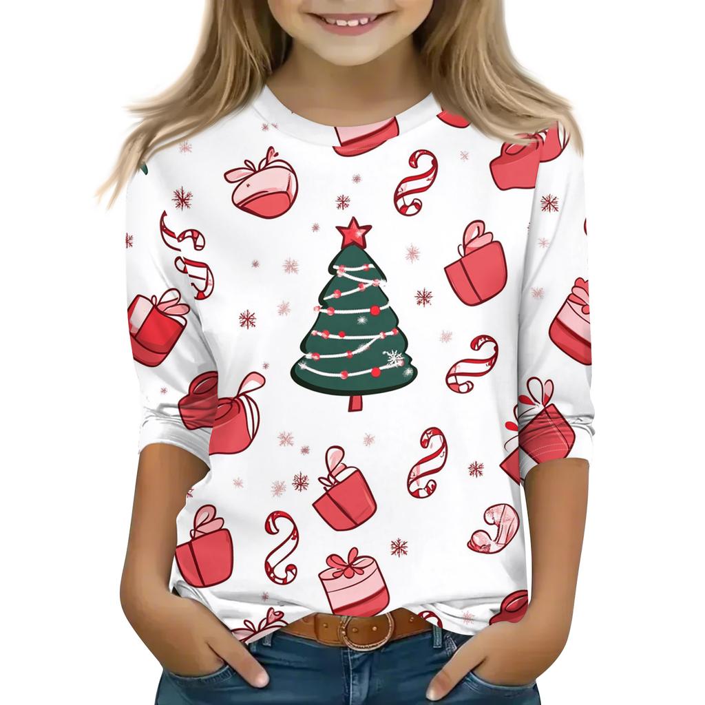 Christmas Day Print Tops For Youth Girls 5-16 Years Round Neck 3/4 Sleeves T-Shirts Trendy Tops Outfit Tees