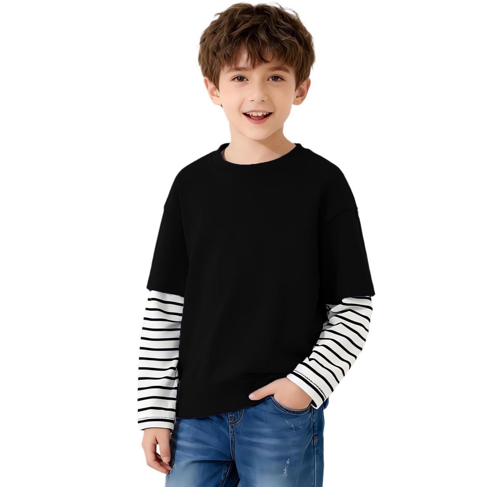 Children s Leisure Long-sleeved Striped Faux Two-piece Headwear Top 110 чёрный