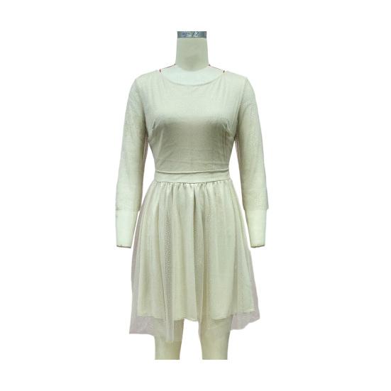 Glitter Starry Tulle Prom Dress For Women Long Sleeve Crew Neck Formal