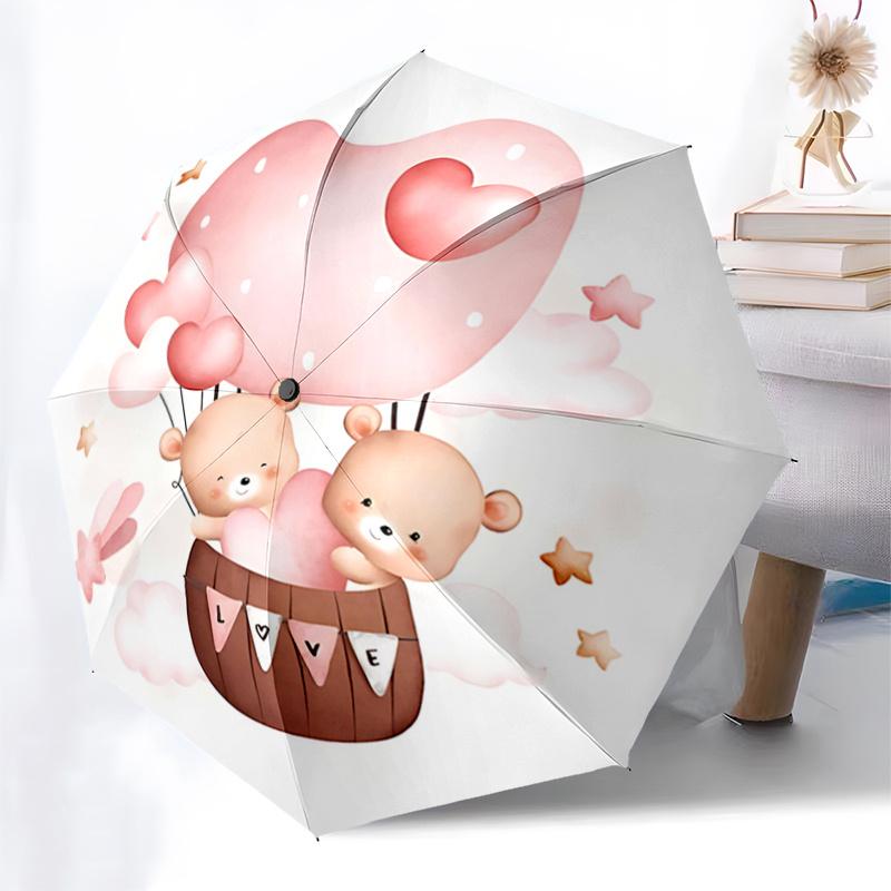 Heart-Shaped Hot Air Balloon Basket with Bears - Romantic Valentine's Day Gift for Fans, Travelers, Everyday Use, Foldable Umbrella Design,