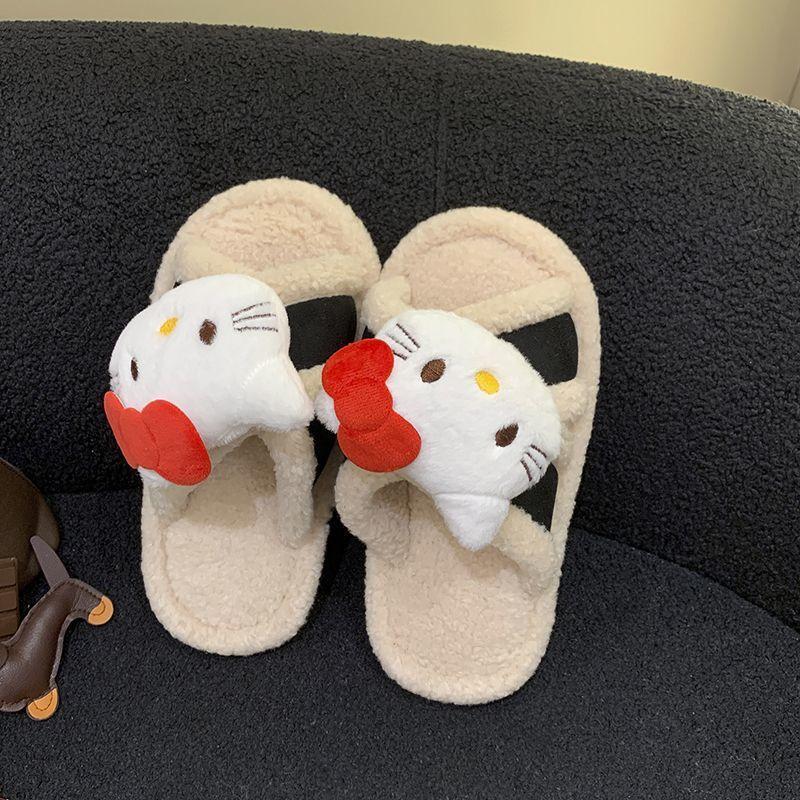 Home soft bottom non-slip comfortable cartoon one-word drag 2025 autumn and winter cute kitten plush slippers women