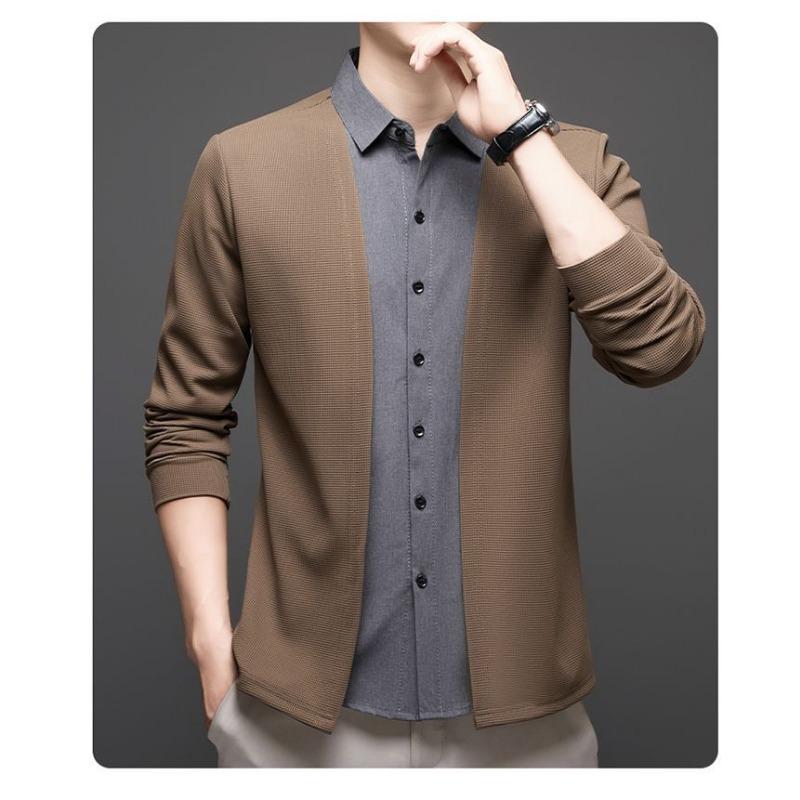 Autumn Style Micro-elastic Long-sleeved Casual Bottoming Shirt Fake Two-piece Waffle Cardigan Lapel Jacket Versatile Clothing