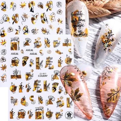 מדבקות לציפורניים של עלה מייפל בלייזר תלת מימד זהב שחור פרח אבקט פנים הולוגרפיות מדבקות סתיו עלי סתיו פרחוני רדיד ציפורניים אביזרים