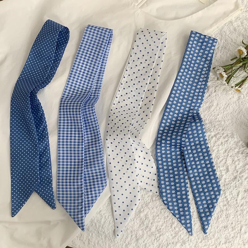 Polka dot silk scarf, long strip, high-end and multi-purpose, decorative pointed corner small scarf, neck headband, hair tie, streamer belt, belt.