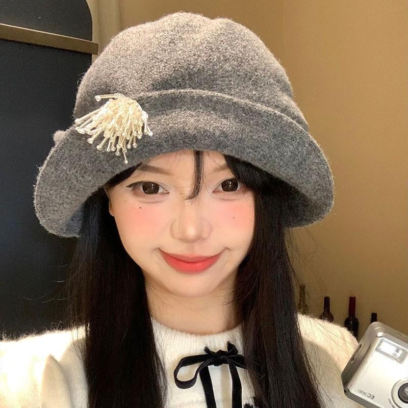 Autumn and Winter Flanged Woolen Fisherman Female Face Small Versatile Bucket Hat French Big Head Circumference Gift Hat
