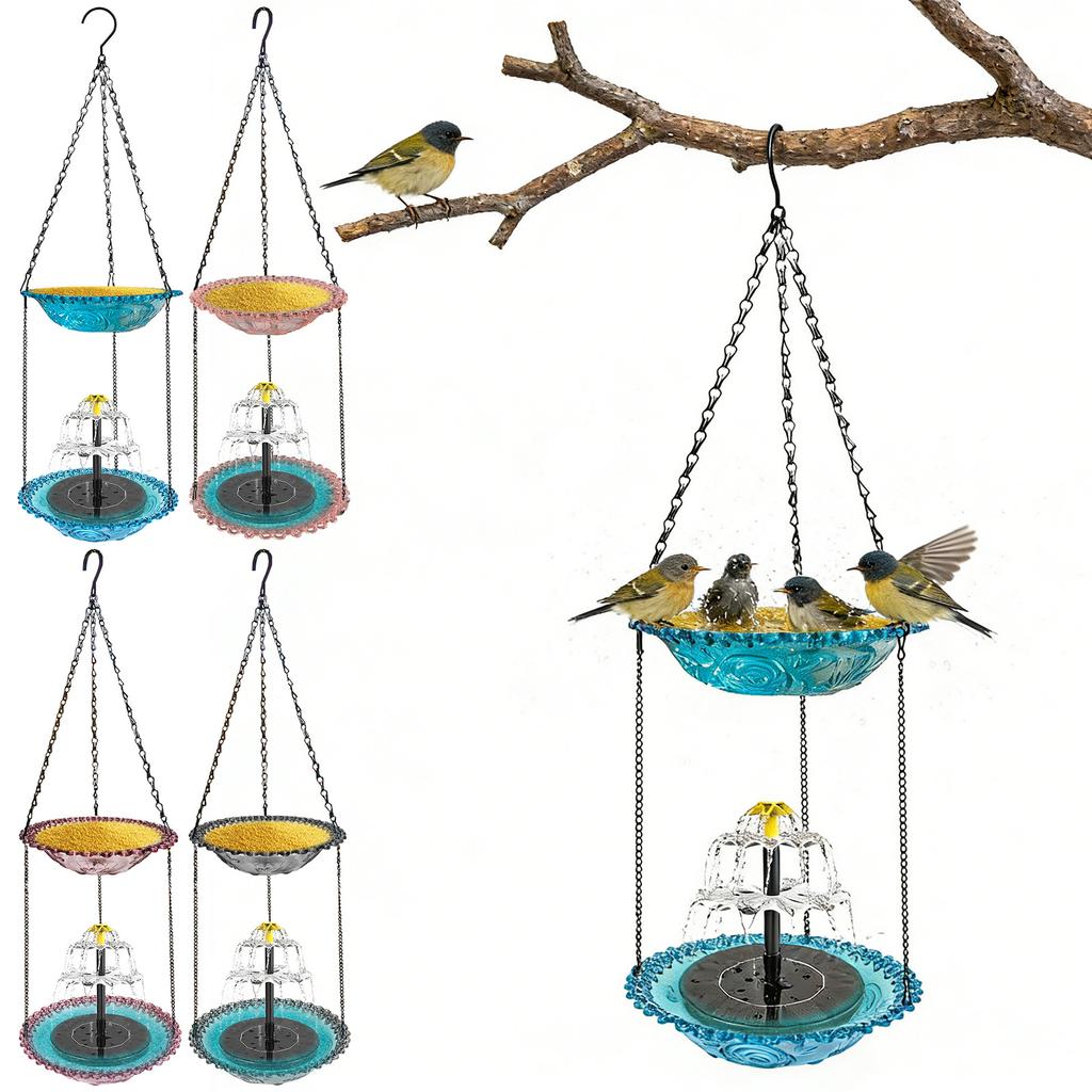 Double Layer Hanging Solar Bird Bath Fountain Wildlife Feeder Solar Cascade Hanging Bird Bath Fountain for Outdoor Garden Decor