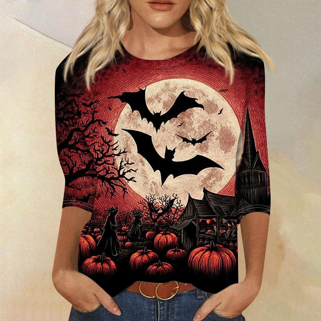 Women's Fashion Casual Round Neck Three-quarter Sleeve Halloween Printed T-shirt Top