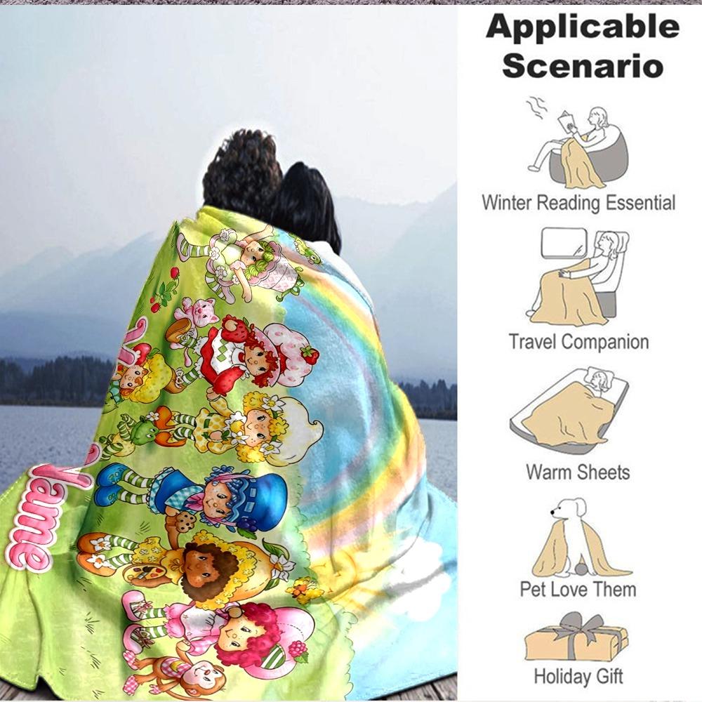 Custom 1Pc Strawberry Shortcake Friends Rainbow Fleece Flannel Blanket Soft Warm Cozy Office Throw For Bedroom Couch Travel Birthday Xmas Gift
