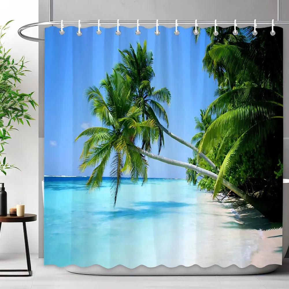 Sceneria Morska Zasłona Prysznicowa Niebieski Ocean Plaża Tropikalne Lasy Outdoor Natura Krajobraz Poliestrowe Zasłony Prysznicowe Wystrój Łazienki