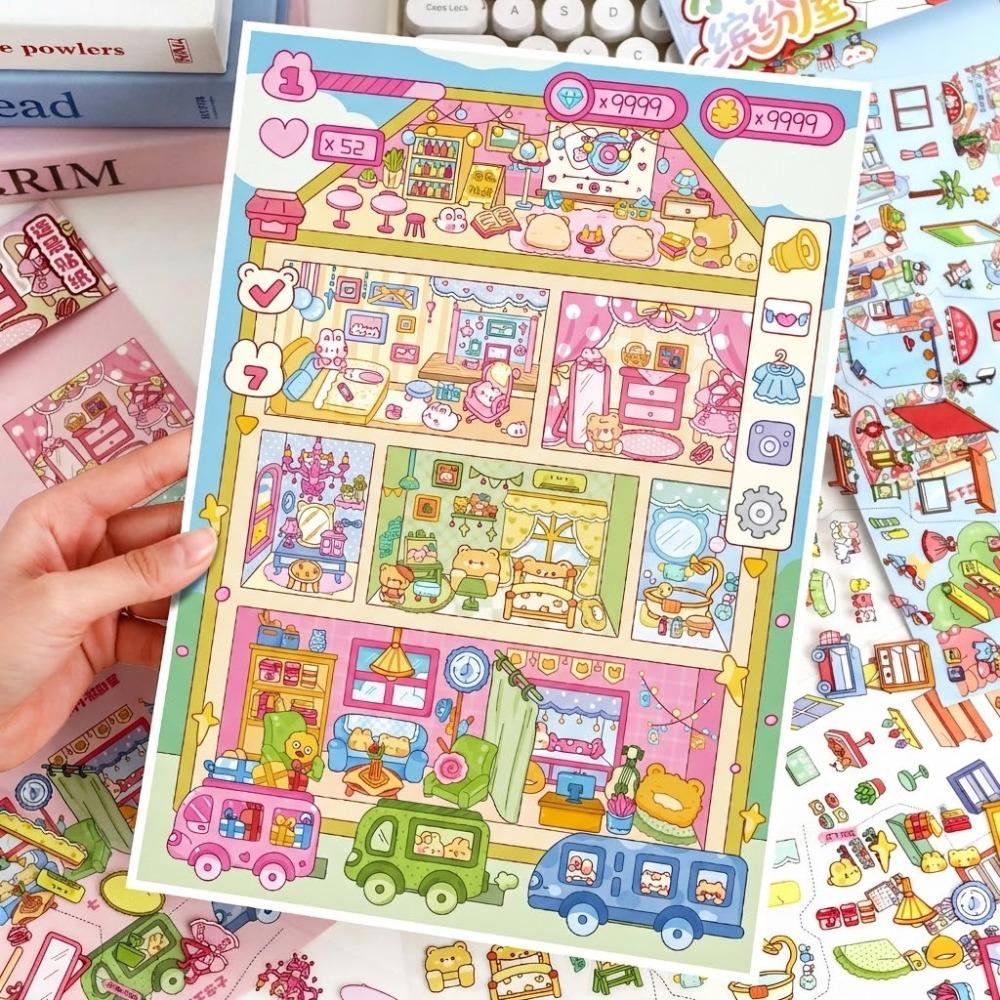 Little Bear Colorful House Series Miniature Landscape Sticker DIY Large Size Cabin Scene Sticker Stress Relief Cartoon