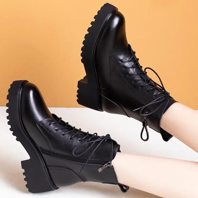 Fashion Winter Women Ankle Boots Autumn New Woman Fashion British Style Warm Plush Chunky Heel Booties Female Thick Sole Motorcycle Boot