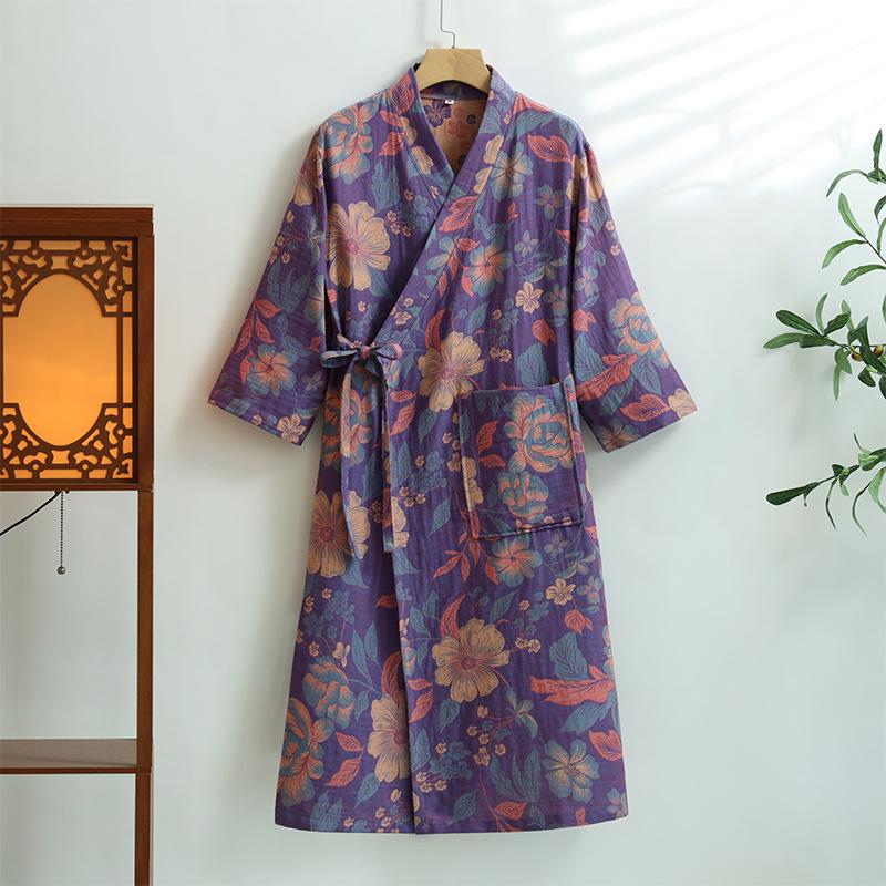 

Cotton Bathrobes for Ladies Spring and Autumn National Style Home Wear Quick Drying Water Absorbing Bathrobe Women M фиолетовый