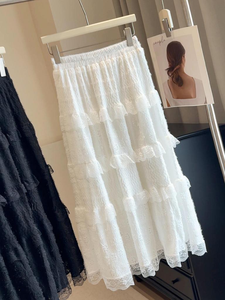 Women's High-Waist Ballet-Inspired Lace Midi Skirt, Slimming A-Line, Multi-Layered for Autumn.