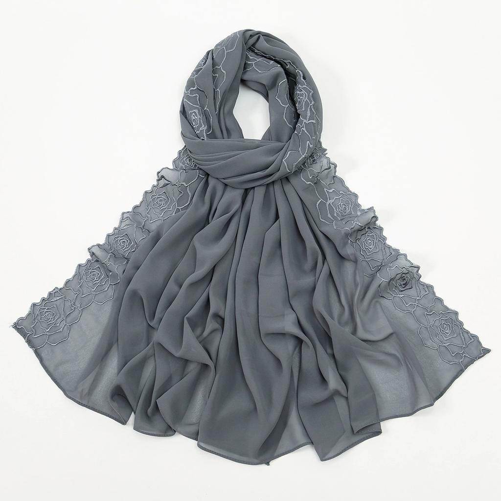 Malaysia Indonesian Embroidered Chiffon Headscarf Shawl Turban Head Wraps High-Quality Breathable Ladies' Scarf 75*180cm