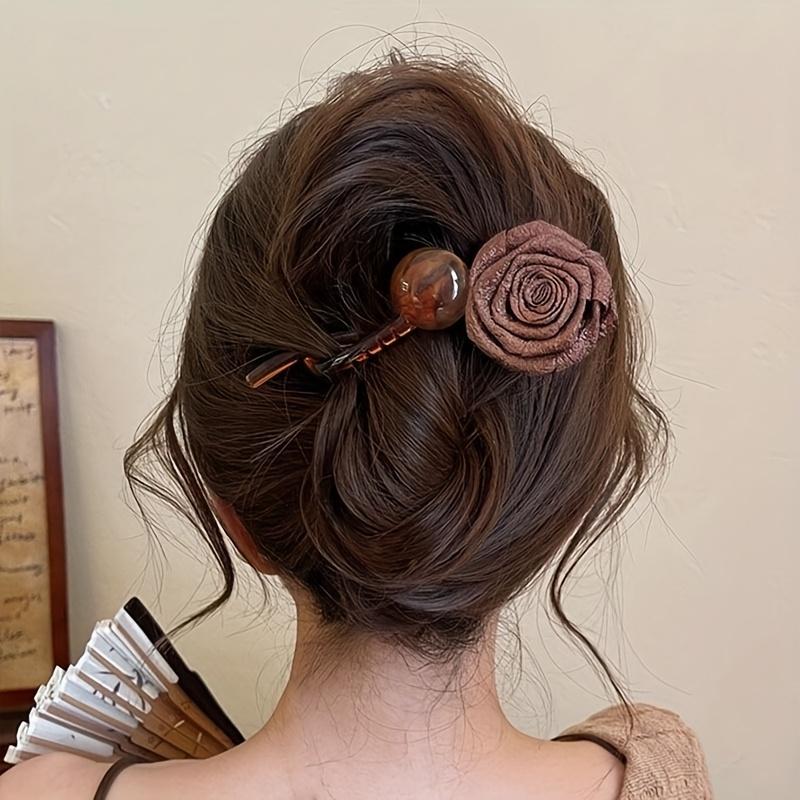 2pcs New Elegant Style Artificial Rose Flower Round Bead Hair Clips for Women, High-End Twist Claw Clip and Barrette Hair Accessories