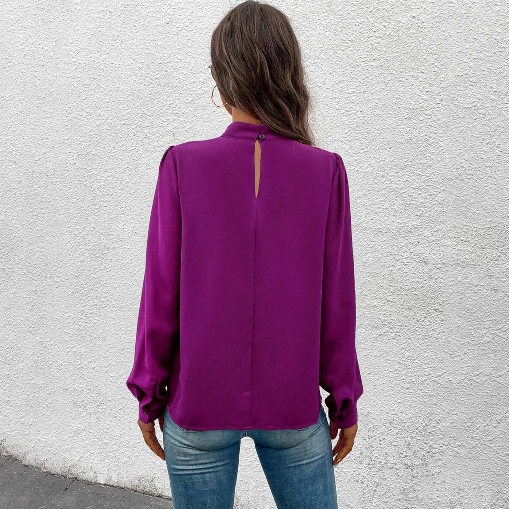 Women Khaki Mock Neck Pleated Puff Long Sleeve Blouse