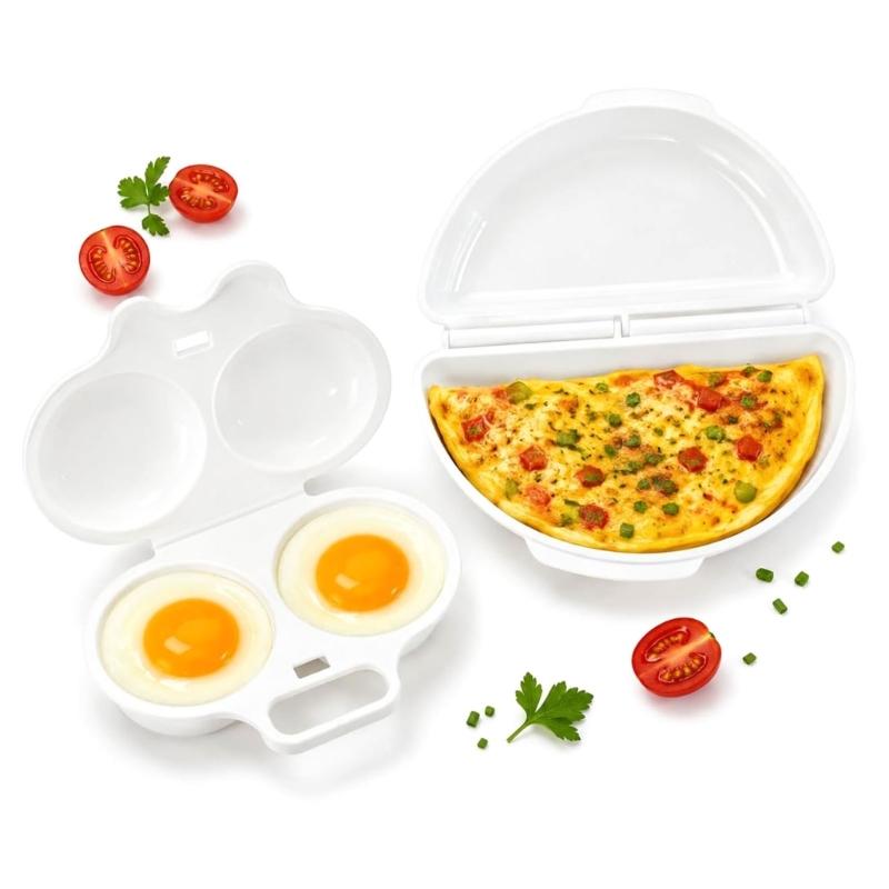 Microwave Eggs Cooker Set with Two-Well Poaching Tray, Lidded Eggs Maker, and Polypropylene Molded Construction for Eggs Dishes