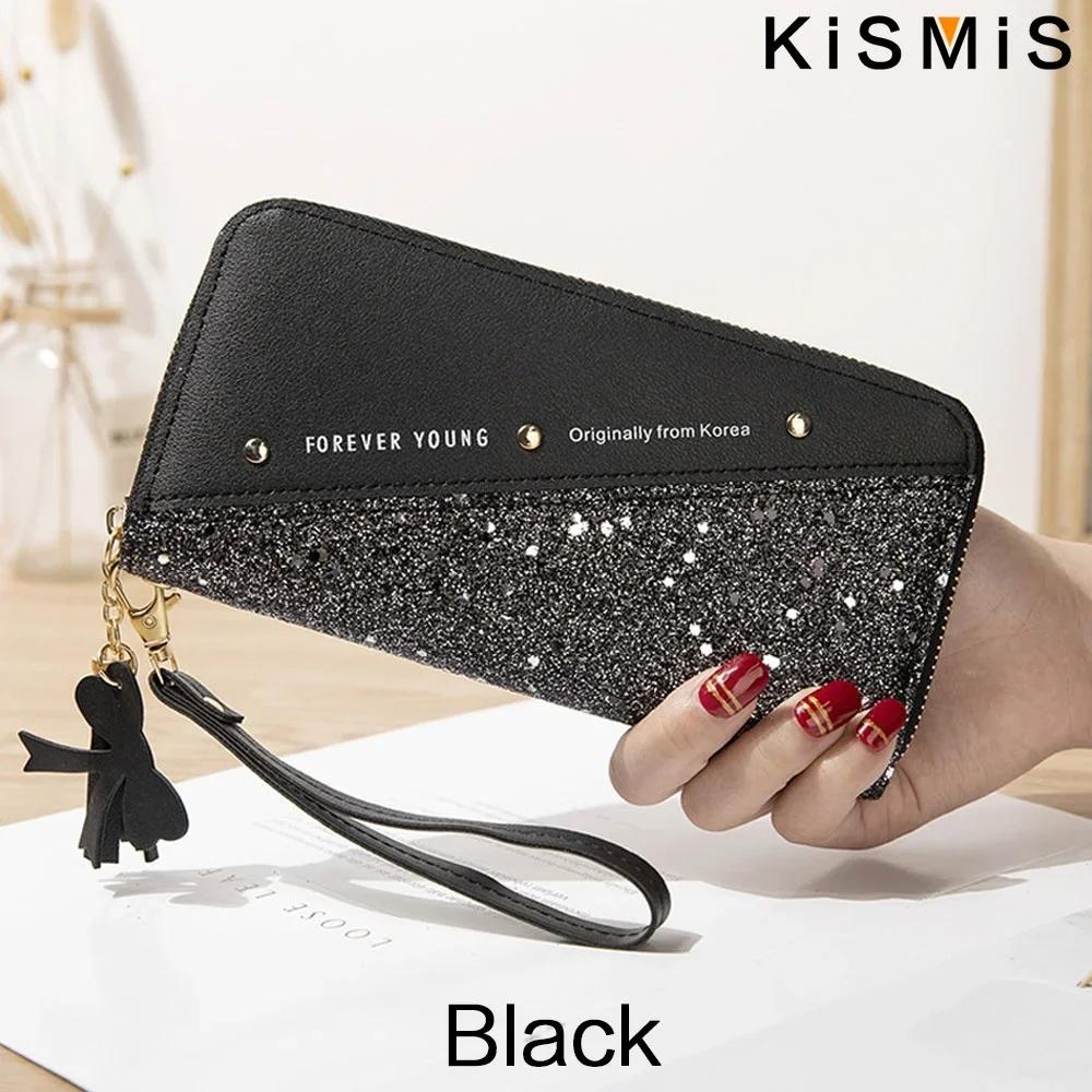 KISMIS Women s Wallets Fashion Long Leather Wallets Large Capacity Buckle Zipper Clutches Fashion Multi-Card Wallets Zipper чёрный